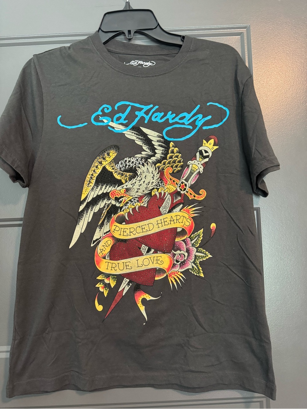Ed Hardy Black Short-Sleeve Tee with Pierced Hearts & Eagle Graphic